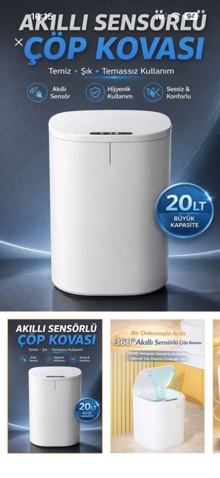 Sensörlü Çöp Kovası 20L Otomatik Kapak Temassız
