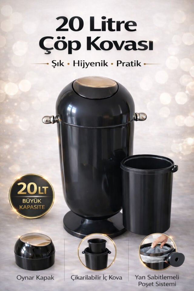 20 LT Tekerlekli Çöp Kovası Kapaklı Modern Tasarım Çıkarılabilir Hazneli Siyah