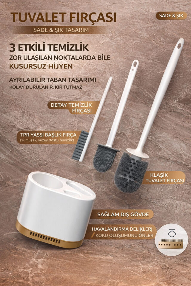 3’lü Tuvalet Fırçası Seti Silikon Uçlu Duvara Monte Klozet Fırçası Beyaz