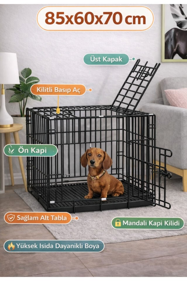85x60x70 Kedi Köpek Kafesi Metal Katlanabilir Tepsili