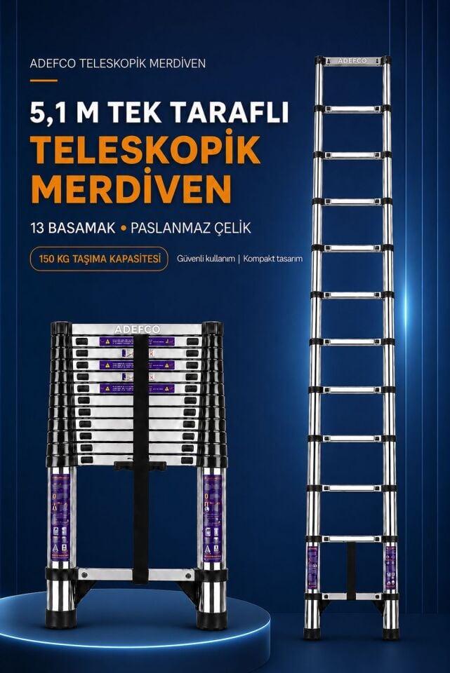ADEFCO 5.1 ÇELİK PASLANMAZ KATLANIR TELESKOPİK MERDİVEN