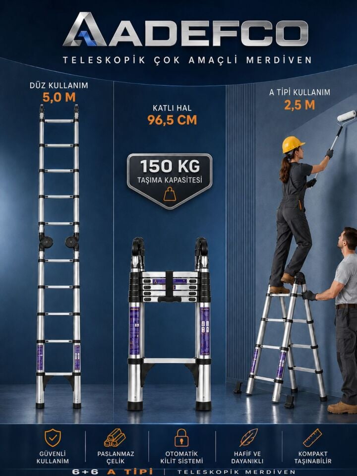 ADEFCO 6+6 Basamak Paslanmaz Çelik Teleskopik Merdiven 5 Metre A Tipi Katlanabilir Uzayan Merdiven