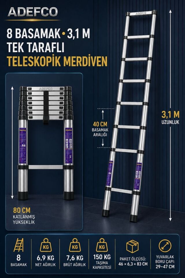 ADEFCO 8 Basamak Paslanmaz Çelik Teleskopik Merdiven 3.1 Metre Katlanabilir Uzayan Merdiven