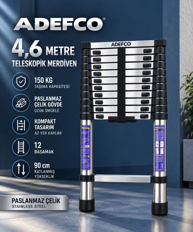 ADEFCO 12 Basamak Paslanmaz Çelik Teleskopik Merdiven 4.6 Metre Katlanabilir Uzayan Merdiven