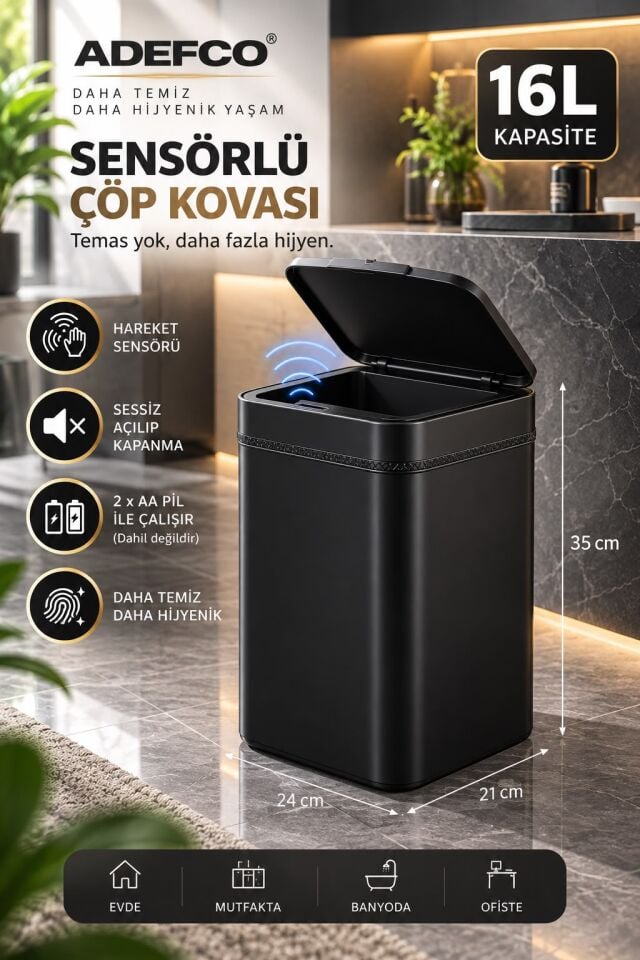 ADEFCO 16 L Siyah Sensörlü Çöp Kovası Otomatik Kapaklı Sessiz Temassız Çöp Kutusu