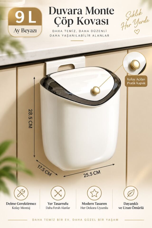 ADEFCO 9 L Duvara Monte ve Askılı Çöp Kovası Kapaklı Mutfak Banyo Çöp Kutusu Krem Beyaz